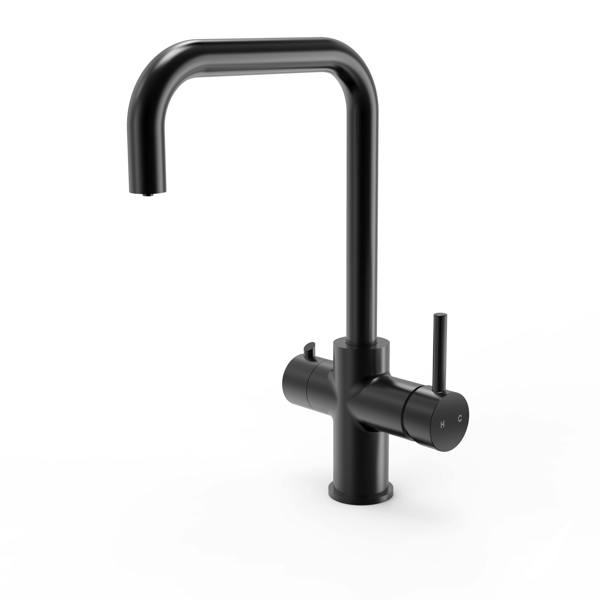 Matt black boiling water tap on a white background