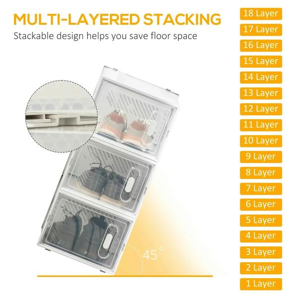 Clear stackable shoe boxes with multi-layer design for compact storage.