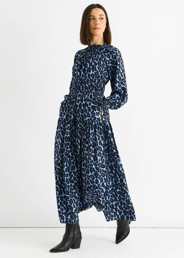 Gini London Blue Animal Print Shirred High Neck Maxi Dress