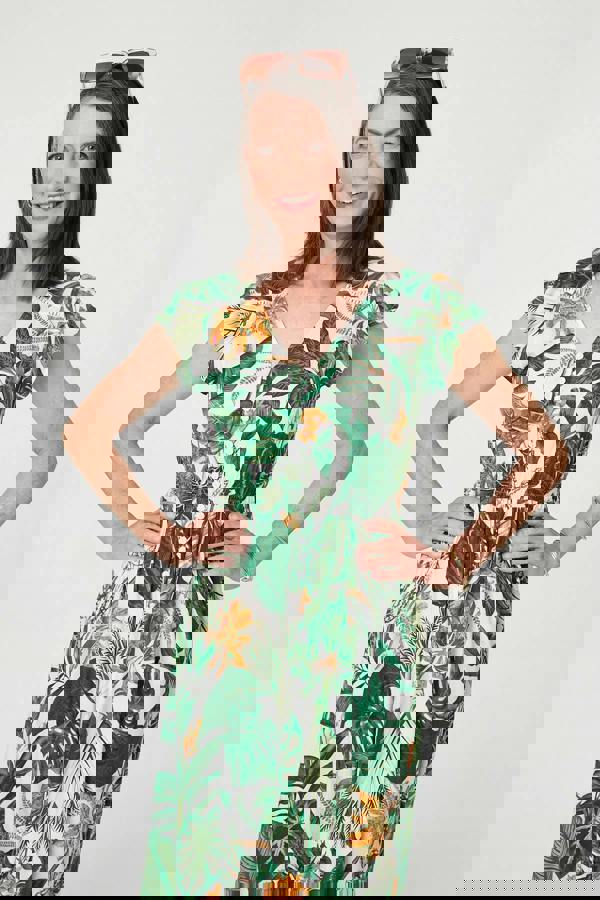 Green | Leaf Print Cap Sleeve Lace Maxi Dress