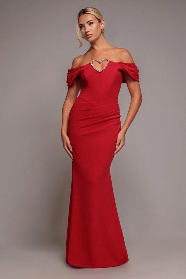 Diamante Heart Trim Evening Maxi Dress - Red DR4674