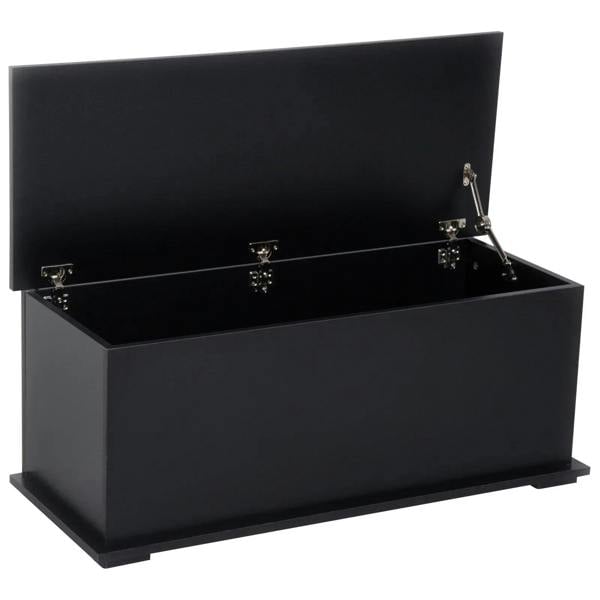 Black storage chest with flip-top lid and safety hinges