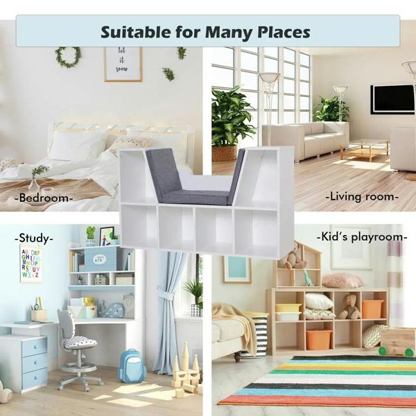 White cube storage shelf with gray cushioned reading seat for bedroom or living room