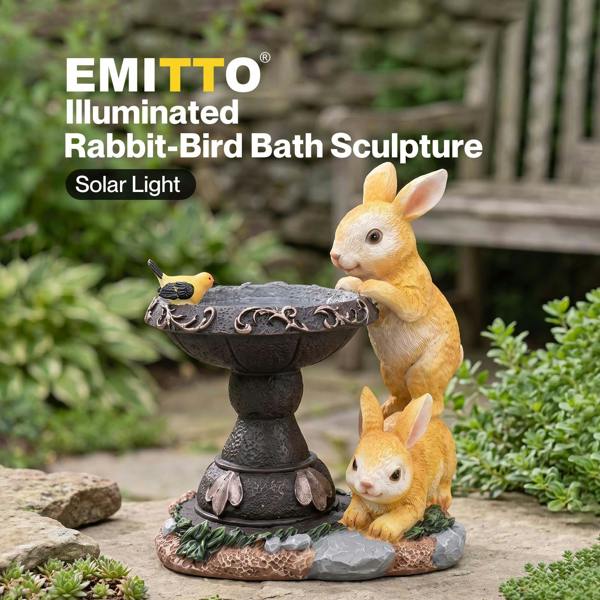 Emitto Garden Ornaments Outdoor Rabbit & Bird Solar Resin Artwork Bath For Patio