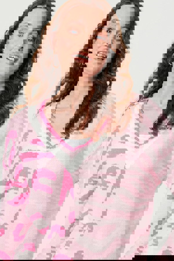 Pink | Animal Print Long Sleeve V-Neck Jumper
