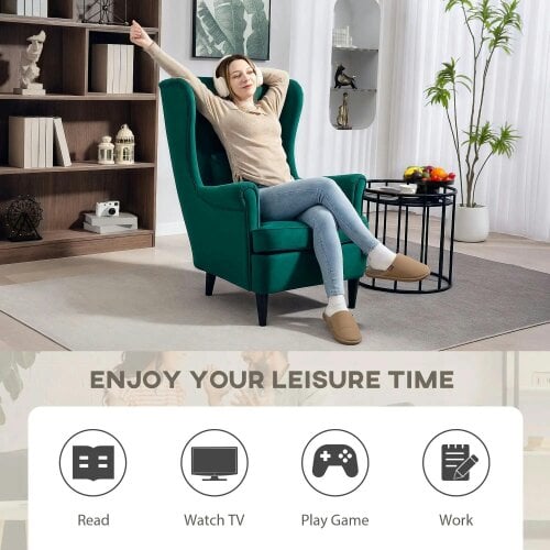 Bobobiy Modern Accent Chair, Velvet-Feel Fabric Reading Chair with Solid Wood Legs, Dark Green