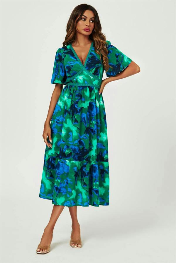 FS Collection Abstract Floral Print Lace Detail Angel Sleeve Maxi Dress In Green