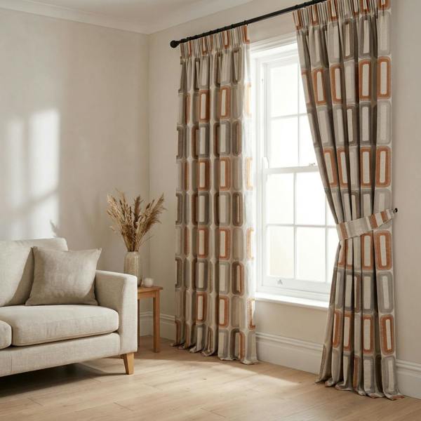 Soho made-to-measure curtains in Terracotta, styled in a living room