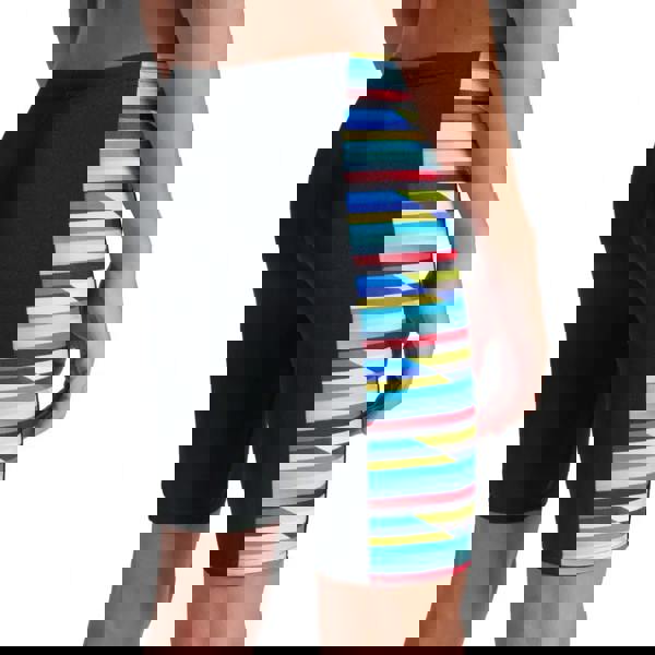 Arena Boys racing stripe swim jammer in black with colorful geometric spandex sides
