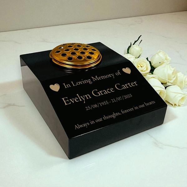 Memorials Direct Black Granite Sloping Memorial Desk with Vase – Heart Design, Free Gold Engraving