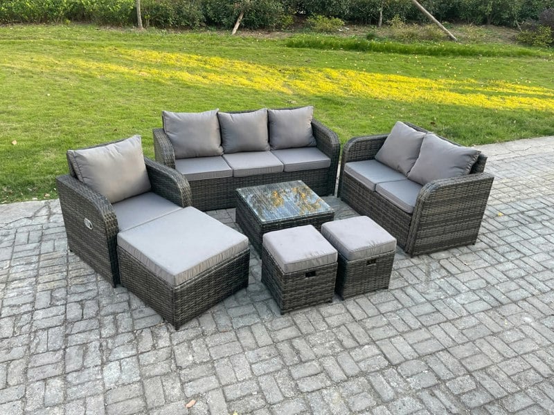 Fimous Rattan Garden Furniture 7 Piece Patio Set With Table Sofa Square Coffee Table Reclining Chair Love seat sofa Side 3 Seater Sofa 3 Footstools