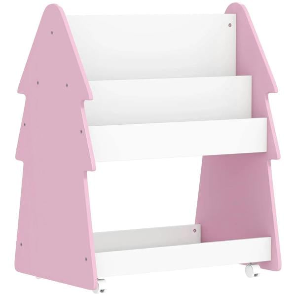Pink kids bookcase with toy storage, double-sided design and three shelves on wheels