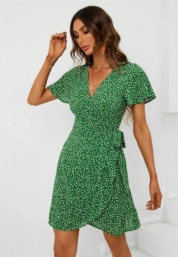 FS Collection Floral Print Mini Wrap Dress In Green