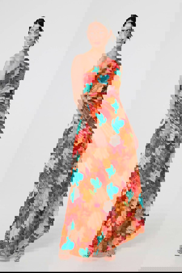 Orange | Floral One-Shoulder Pleated Maxi Dress