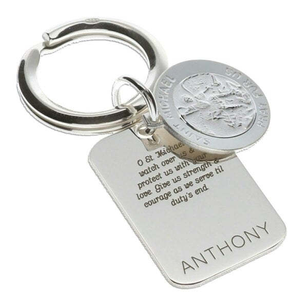 Christopher James of London Sterling Silver Personalised Rectangle St Michael Keyring With Prayer