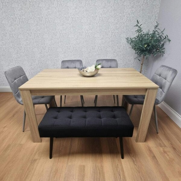 Kosy Koala Oak Effect Dining Table Set With 4 Grey Velvet Chairs And Black Velvet Bench Dining Room Furniture