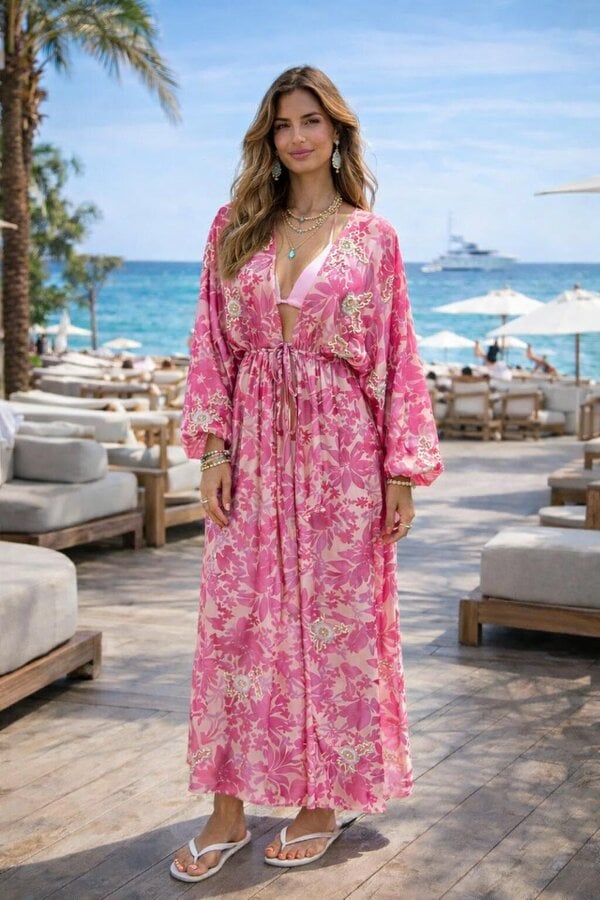 Tropical print embellished Viscose Kaftan