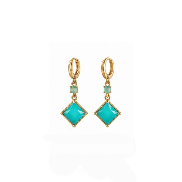Pair of gold earrings with turquoise gemstones on a white background