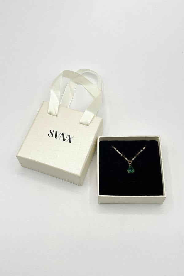 SVNX Rhinestone Teardrop Pendant Necklace in Green - Gift Boxed
