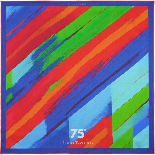 Otway & Orford 'Taverners' Celebration' striped silk pocket square in red, green, blue & orange (42 x 42cm)