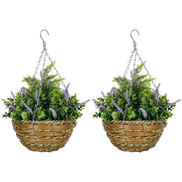 Set of two hanging artificial lavender planters in woven baskets with purple blooms and green leaves