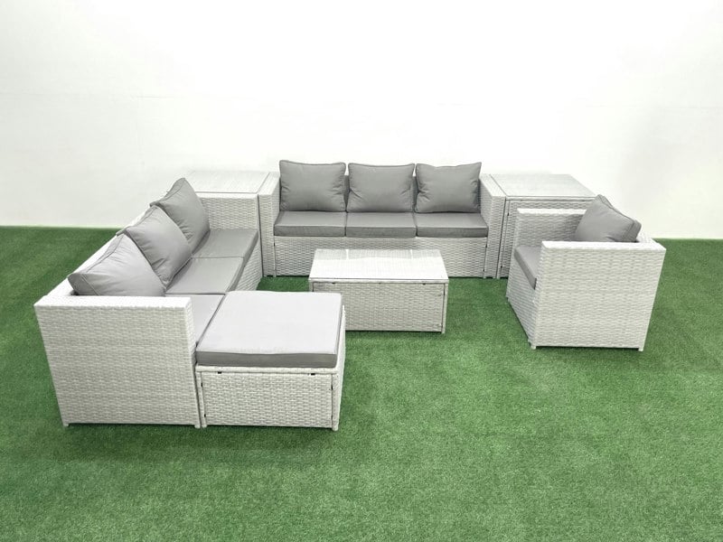 Fimous Wicker PE Rattan Sofa Garden Furniture Set with Armchair Oblong Coffee Table Big Footstool 2 Side Tables Light Grey Mixed