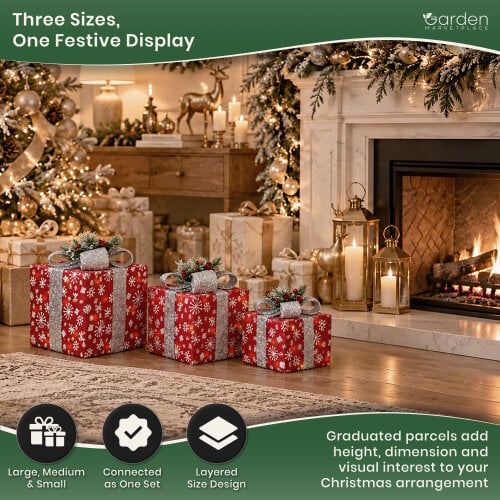Set of 3 Lighted Red Sisal Christmas Parcels with Silver Bows, 35 White LEDs, Battery Powered, Festive Mantel & Tree Decoration