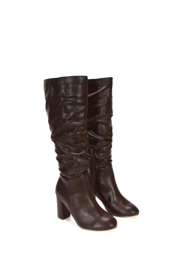 XY LONDON Ruched Zip-up Block Heeled Knee Calf Boots