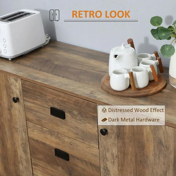 Rustic brown sideboard with distressed wood-effect panels and dark metal hardware