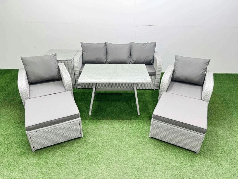 Fimous Reclining Chair 3 Seat Sofa Set Garden Furniture Set with Rectangular Dining Table Side Table 2 Big Footstools Light Grey
