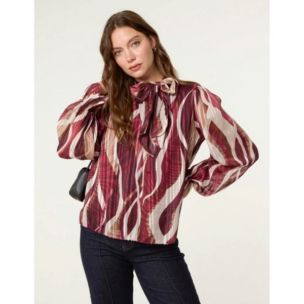 Blue Vanilla Geometric Print Pussybow Metallic Top