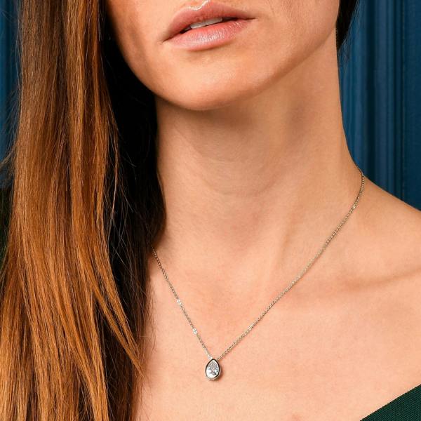 Zavana Silver Pear Shaped Pendant Necklace with Clear Cubic Zirconia Stone for Women