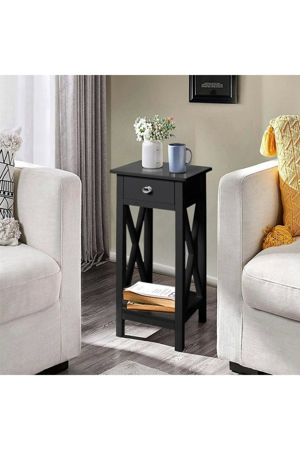 Living and Home 2 Tier Wooden Slim Side Table Bedside Sofa Side Table with Drawer&Shelf Wood Nightstand