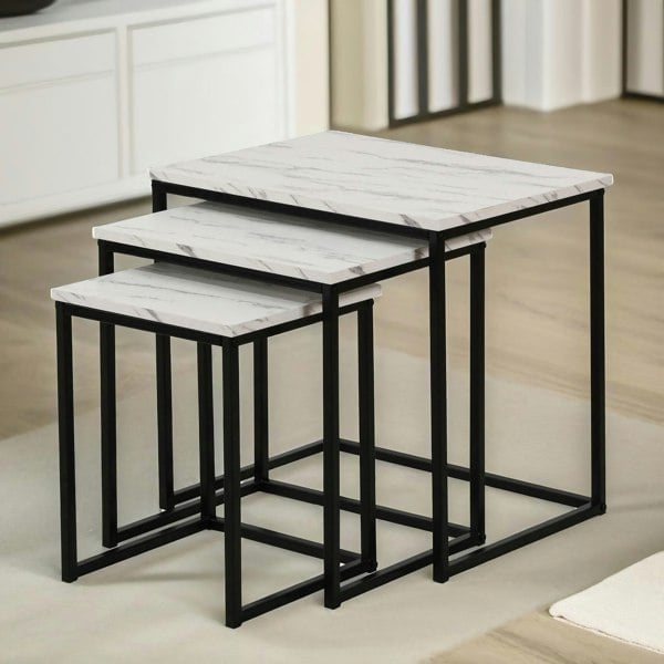 Rafaelo Mobilia Set Of 3 Square Nesting Tables Marble Effect