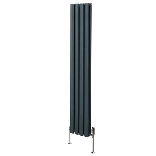 Oval column radiator in anthracite grey, measuring 1600mm x 240mm, featuring sleek vertical lines and modern valve design