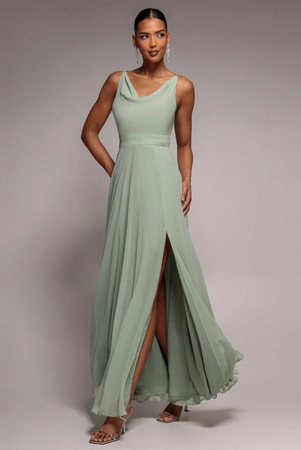 Chiffon Cowl Twisted Rope Strap Lace-up Flared Maxi Dress - Sage Green DR4937
