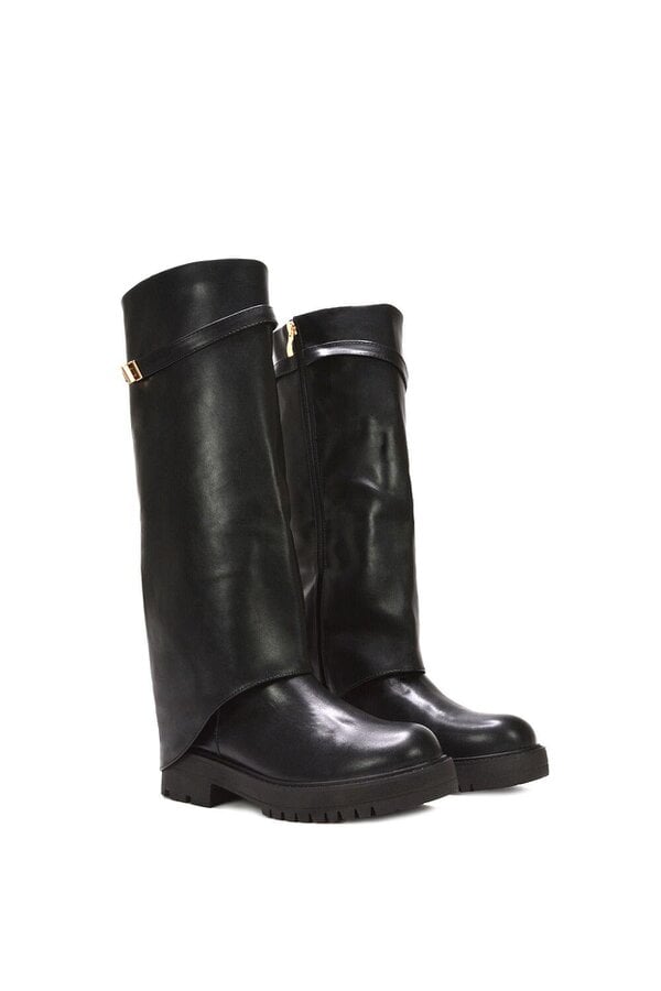 XY LONDON Chunky Low Heel Knee High Fold Over Boots