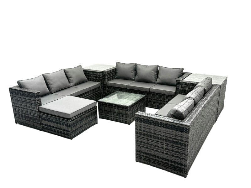 Fimous 10 Seater U Shape Rattan Sofa Set Outdoor Garden Furniture Patio With 3 Table Dark Grey Mixed