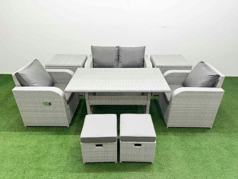 Fimous Light Grey PE Wicker Rattan Garden Furniture Set Sofa Set Reclining Chair Rectangular Dining Table 6 Seater 2 Small Stools 2 Side Table