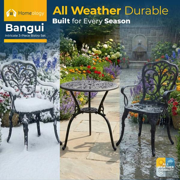 Homeology BANGUI Black Garden and Patio Table and 2 Large Chairs with Armrests Cast Aluminium Bistro Set