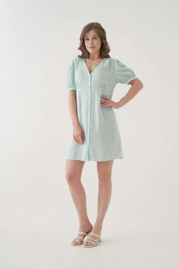 Hoxton Gal Relaxed Fit Green & White Polka Dot Button-Front Puff-Sleeve Mini Dress