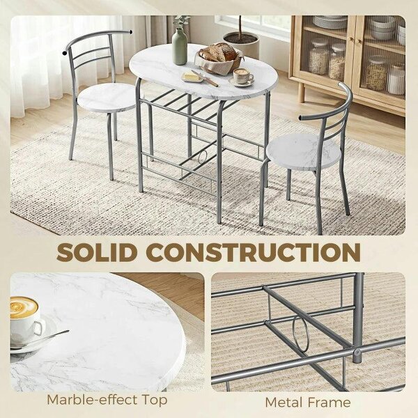 Three-Piece Compact Dining Set - White Marble Effect