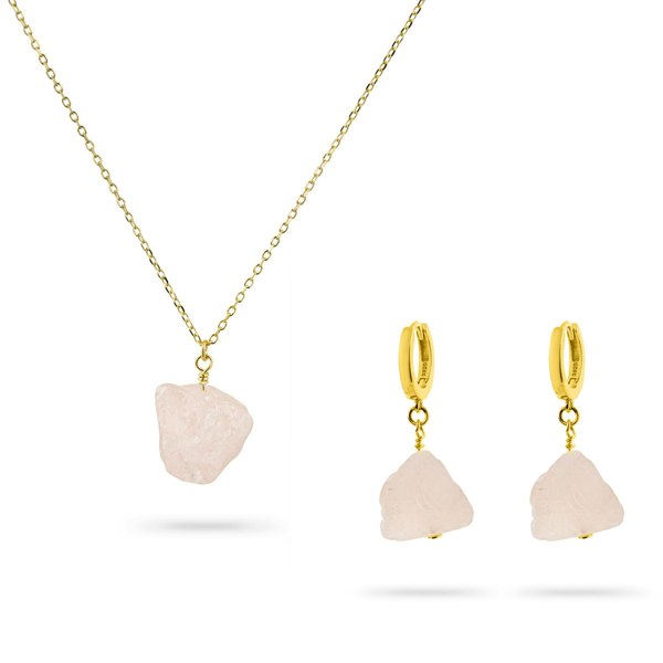 Gold Trip Rose Quartz Pebble Pendant & Earrings Set