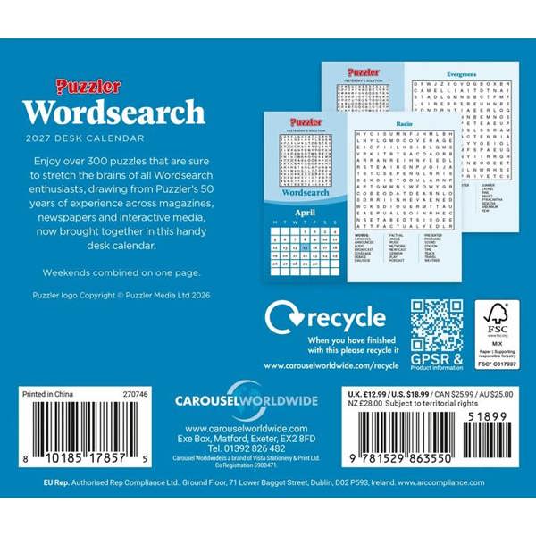Wordsearch, Puzzler Desk Calendar 2027, Desk Calendars, Day To View, Entertainment, Gift