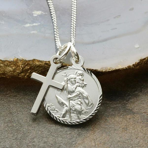 Christopher James of London Sterling Silver Diamond Cut 16mm St Christopher & Cross Pendants With Optional Engraving and Chain
