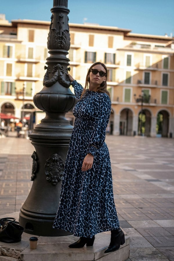 Gini London Blue Animal Print Shirred High Neck Maxi Dress