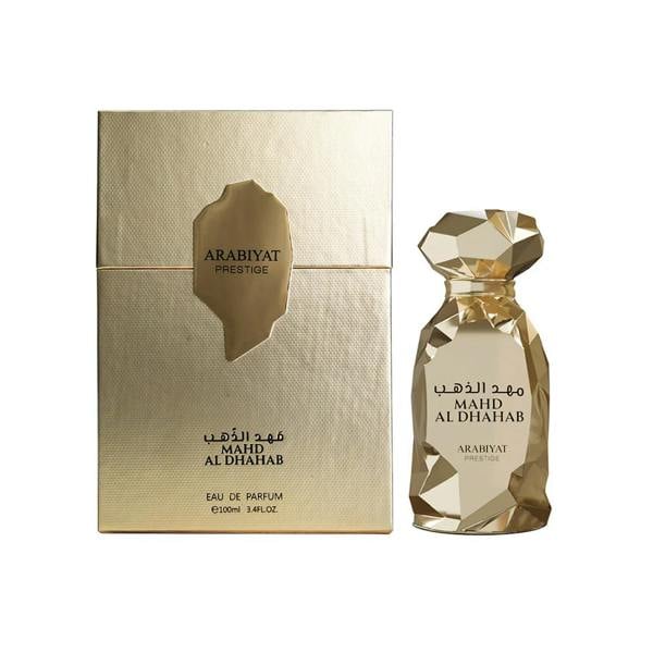 Arabiyat Prestige Mahd Al Dhahab Eau De Parfum 100ml luxury gold perfume bottle with matching box packaging on white background