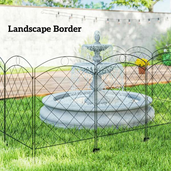 Black steel fence panel used as landscape border with diamond-pattern wire frame.