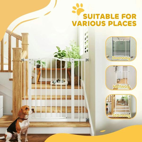 White pet gate with wide doorway; suitable for indoor stairs entryway placement
