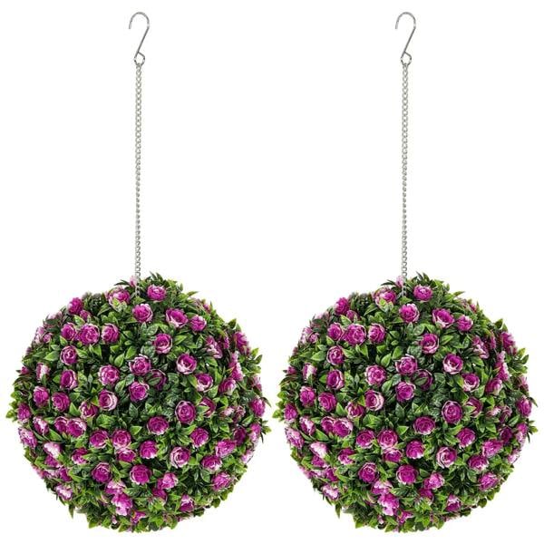 Set of 2 hanging artificial rose topiary balls, purple blossoms with green leaves